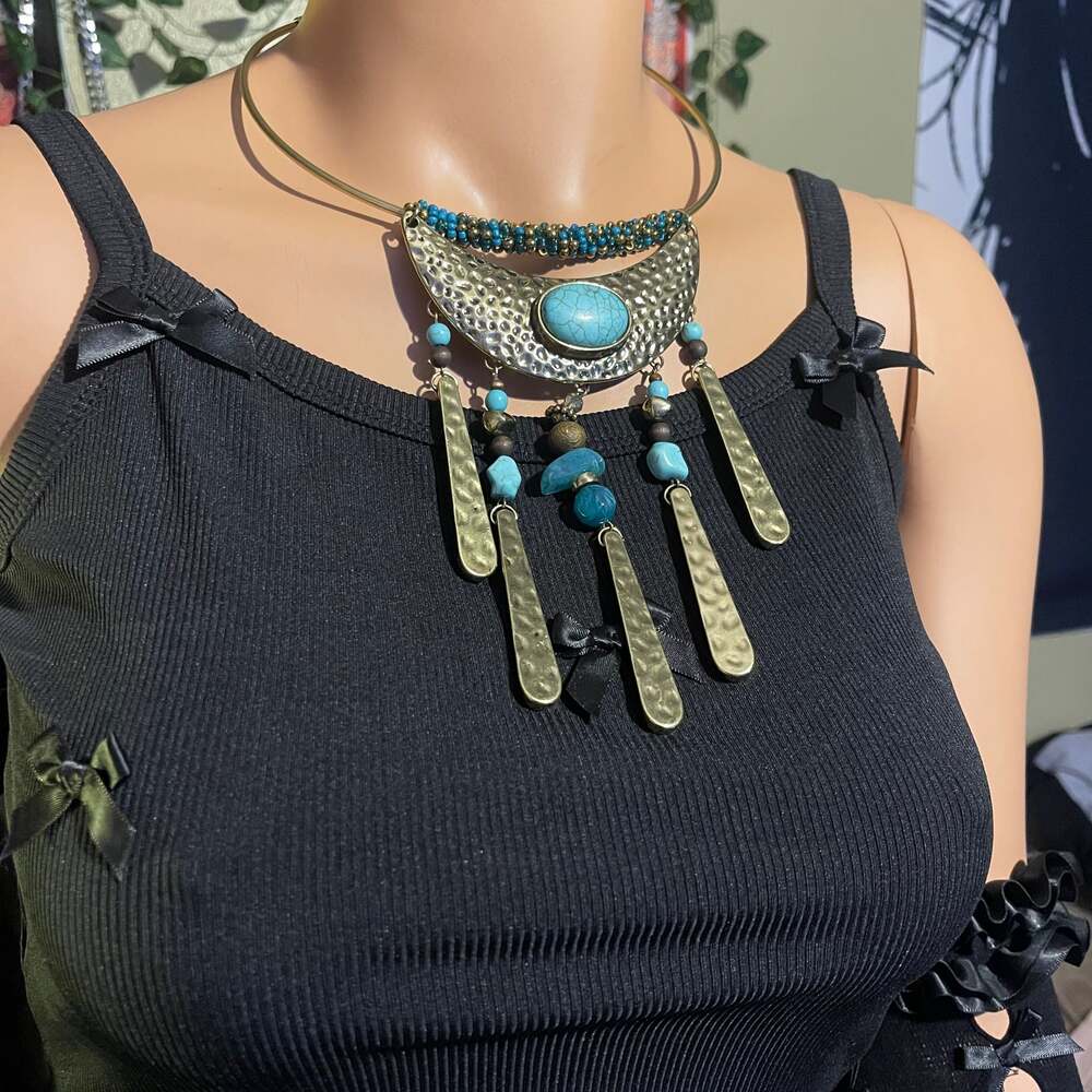 Vintage Boho Turquoise and Brass Statement Necklace